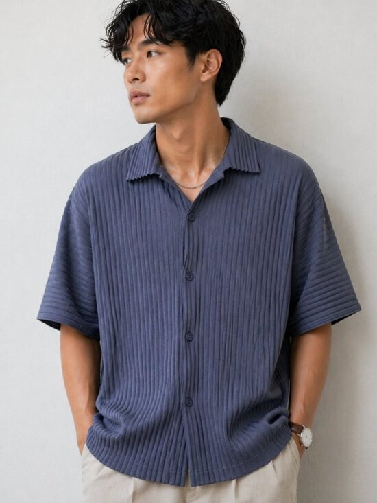 Maniere De Voir Other - Manière De Voir Men Pleated Short Sleeve Button Up Shirt Blue Lagenlook Textured